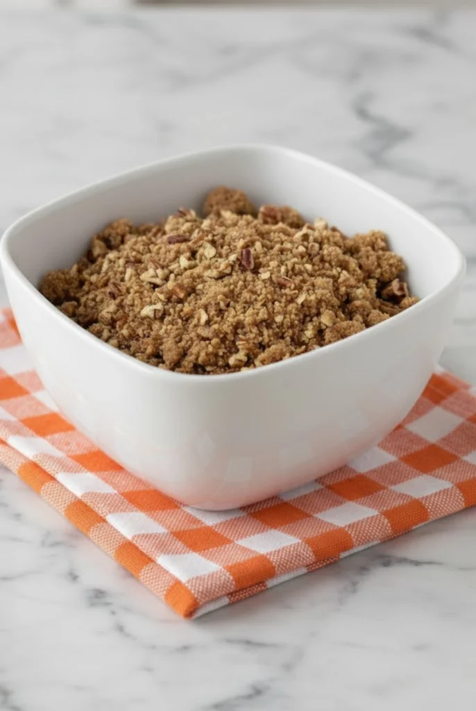Brown sugar and pecan streusel topping for Pumpkin Spice Coffee Cake in a white bowl on an orange checkered napkin, ready to sprinkle over the batter.