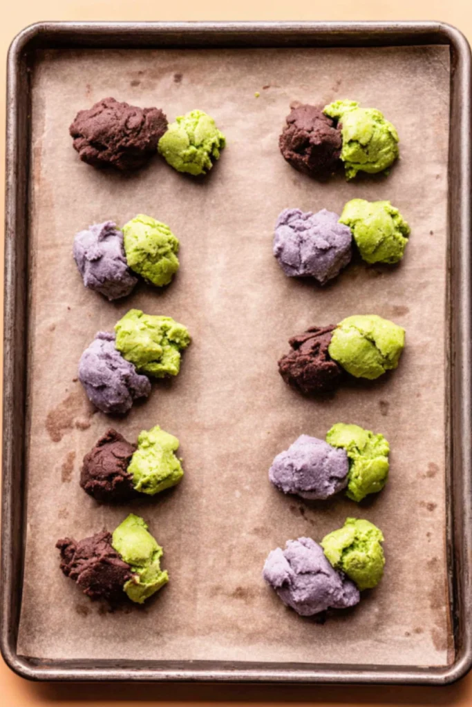 Scooped vegan Halloween cookie dough balls in green, purple, and cocoa colors on a baking tray lined with parchment paper