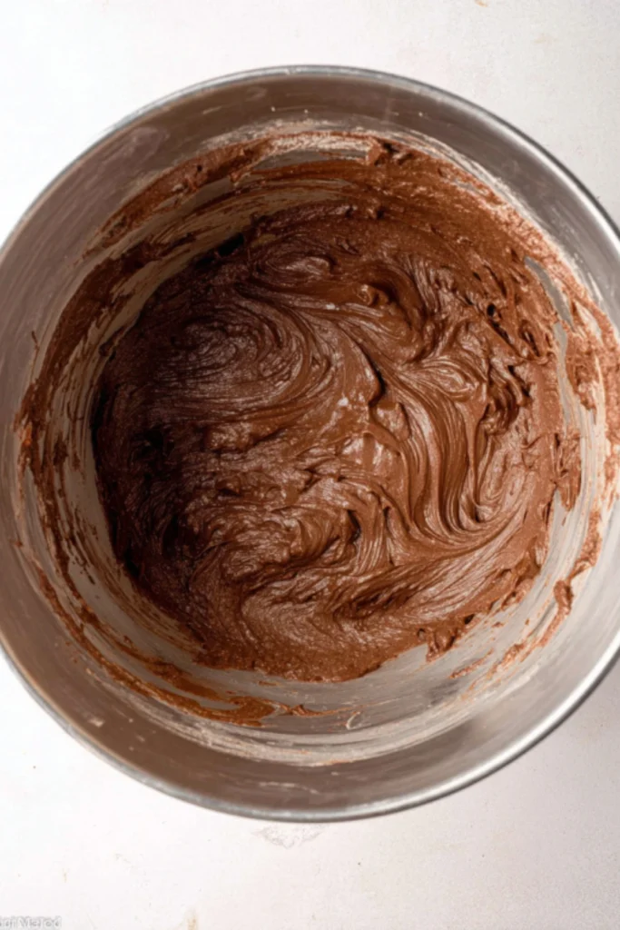 Chocolate cupcake batter in a stainless steel mixing bowl, perfectly blended and ready to be baked for Candy Corn Cupcakes.