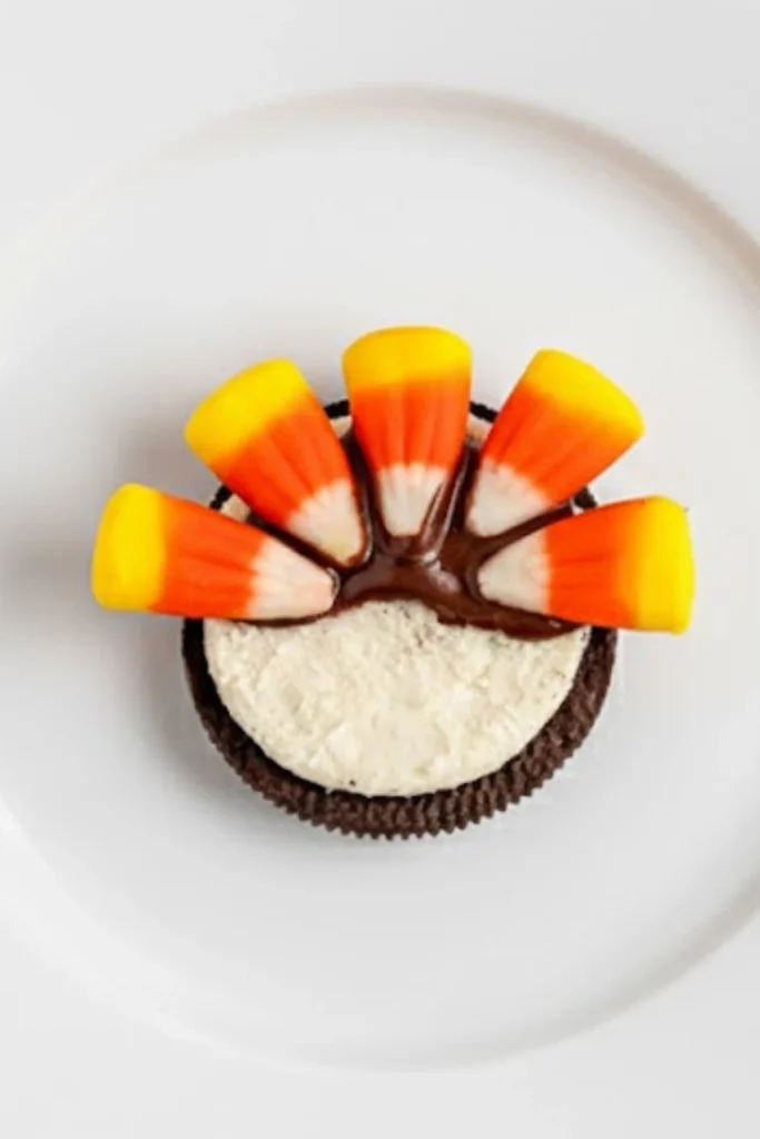 Oreo Turkey Cookie step with candy corn feathers pressed into Oreo cream using melted chocolate on a white plate.