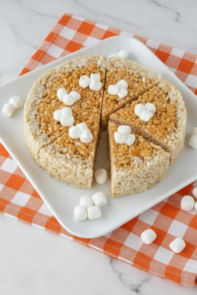 Thanksgiving Rice Krispies treats shaped like a round pie, topped with mini marshmallows on a white plate and orange checkered napkin
