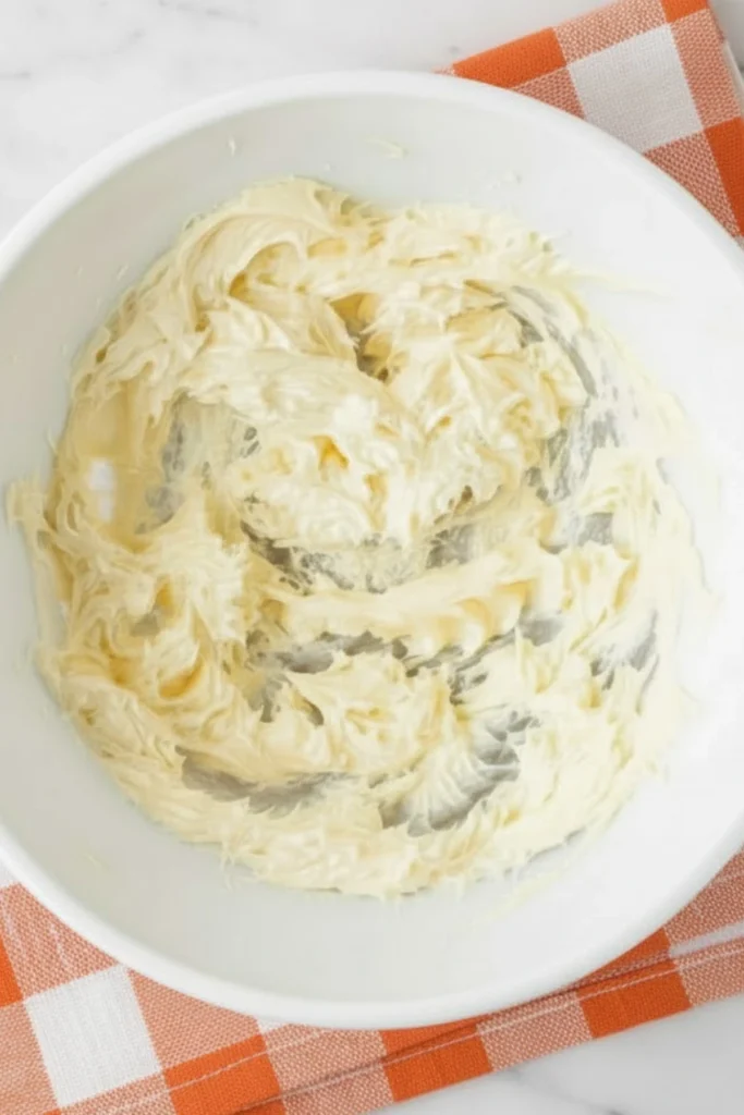 Creamed butter and sugar mixture in a white bowl on an orange checkered cloth, ready for the shortbread crust in pumpkin pie bars.