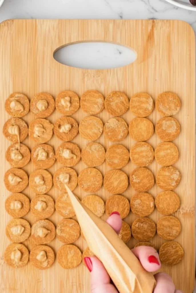 Applying peanut butter to mini cookies with a piping bag to make Kisses Acorn Treats on a wooden cutting board