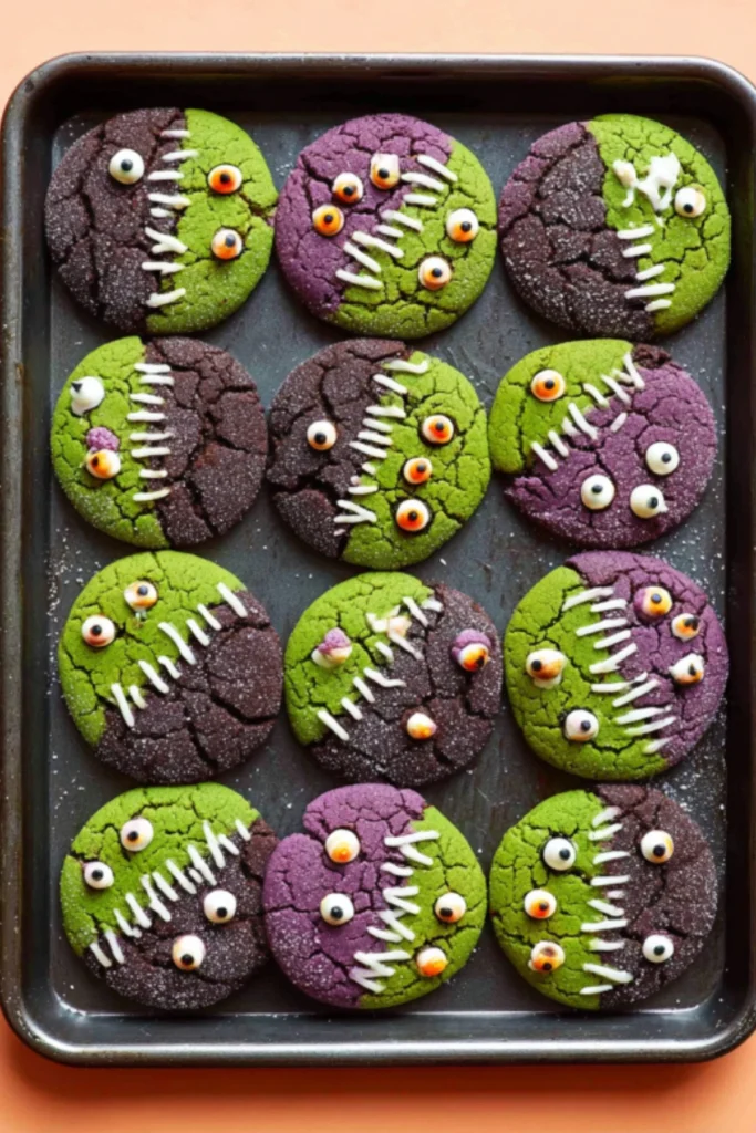 Tray of spooky vegan Halloween cookies decorated with edible googly eyes and icing stitches in green, purple, and cocoa dough
