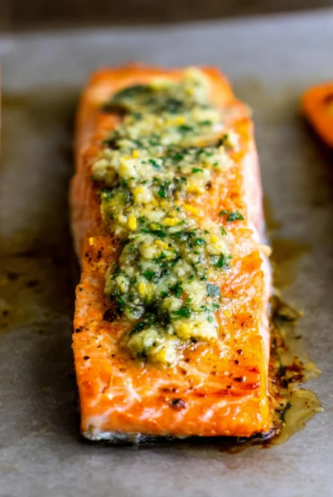 Close-up of baked salmon fillet topped with garlic butter sauce and fresh herbs, served on a baking sheet.