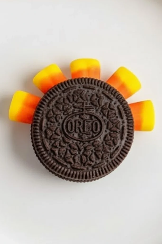 Oreo Turkey Cookie step showing candy corn feathers attached behind an Oreo cookie to form the turkeyās tail.
