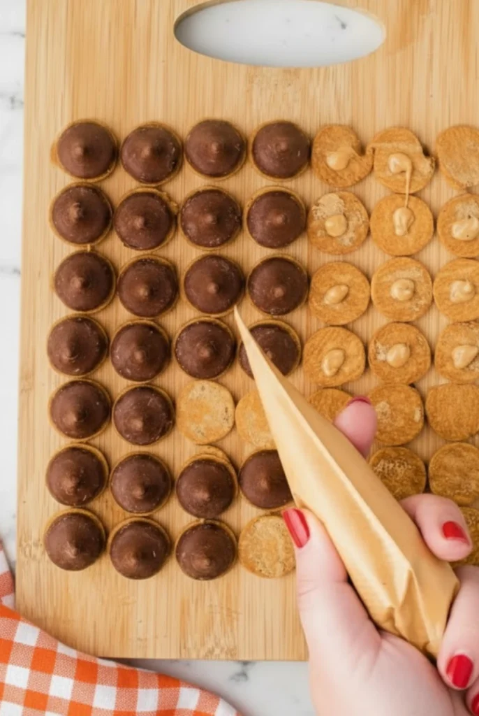 Attaching Hershey’s Kisses to mini cookies with peanut butter to make Kisses Acorn Treats on a wooden cutting board