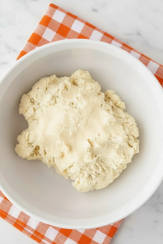 Shortbread dough for pumpkin pie bars in a white bowl on an orange checkered kitchen towel, ready to be pressed into the baking pan.