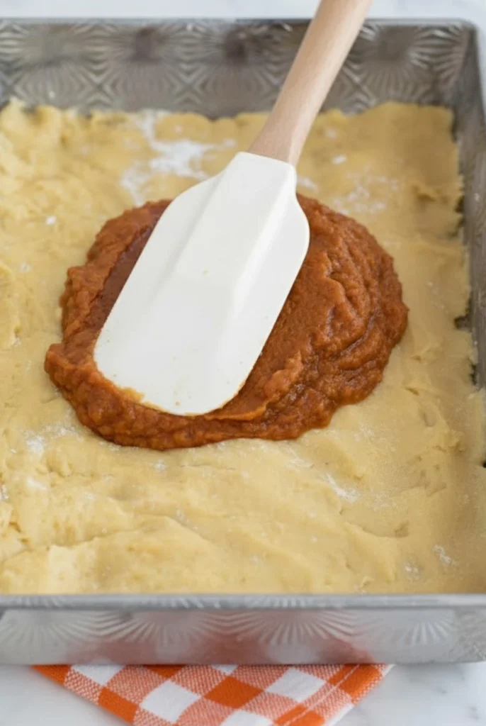 Spreading pumpkin puree filling over coffee cake batter in a baking pan using a spatula to prepare a homemade Pumpkin Spice Coffee Cake.