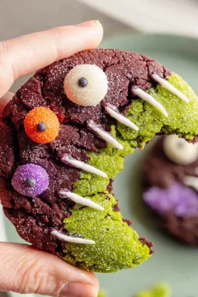 Close-up of a bitten vegan Halloween cookie with googly eyes, spooky icing stitches, and colorful natural dough