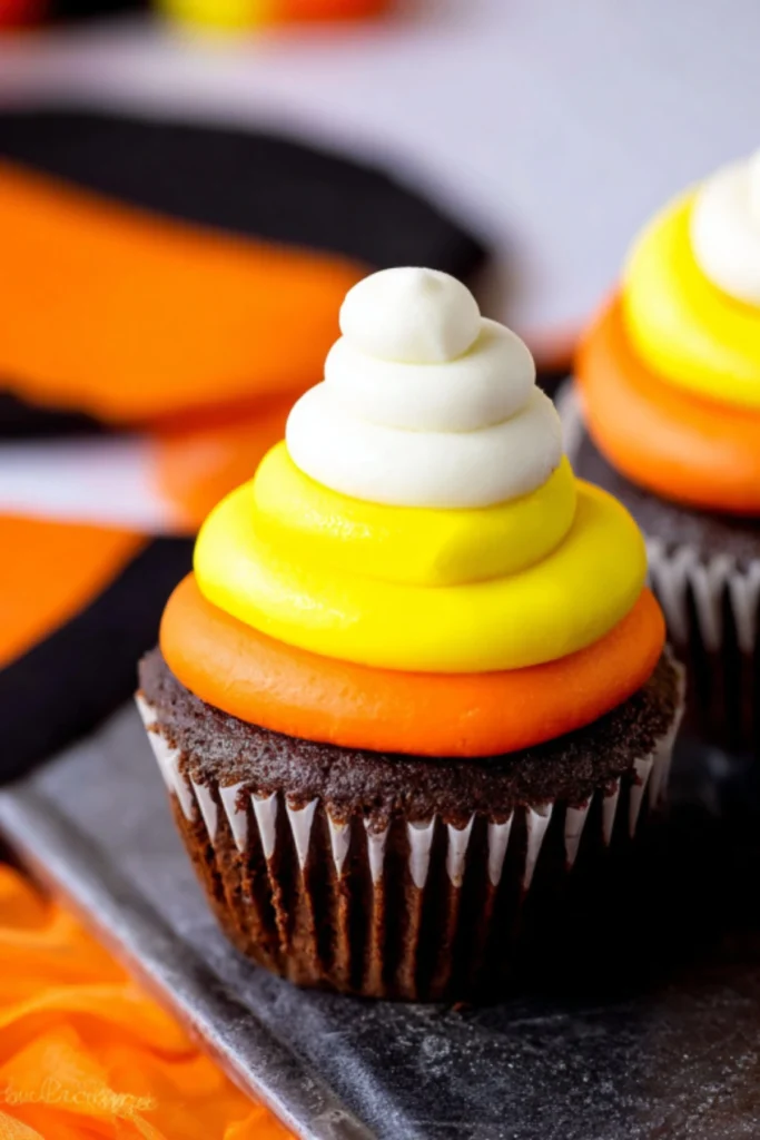 Chocolate cupcake topped with layers of vibrant yellow, orange, and white buttercream frosting, resembling candy corn, perfect for Halloween.
