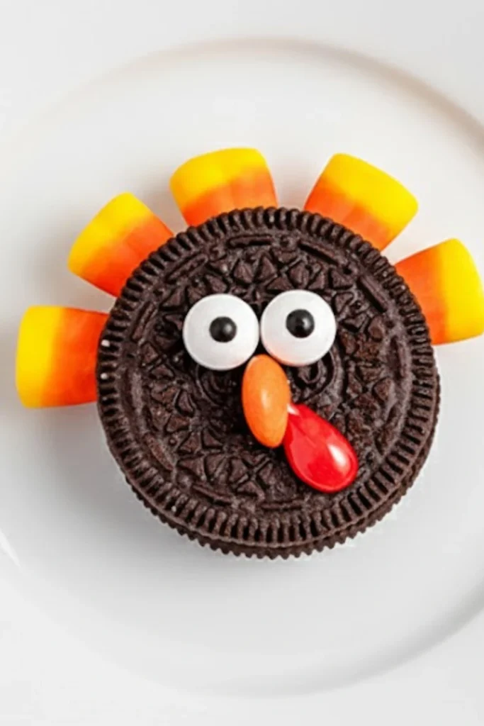 Finished Oreo Turkey Cookie decorated with candy corn feathers, candy eyes, and Reeseās Pieces beak on a white plate.