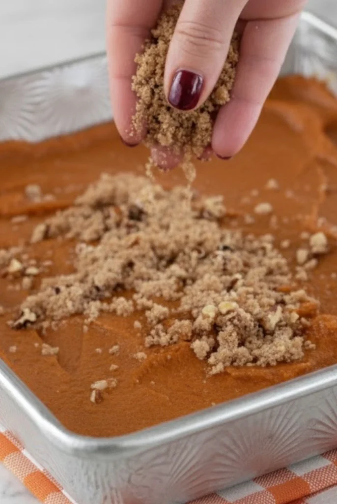 Hand sprinkling brown sugar pecan streusel over pumpkin batter in a baking pan while preparing homemade Pumpkin Spice Coffee Cake for fall baking.