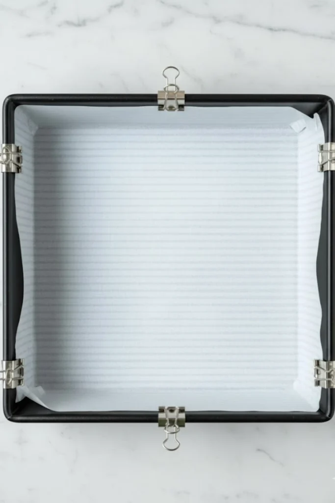 Square baking pan lined with parchment paper and secured with metal clips, prepared for baking pumpkin pie bars.