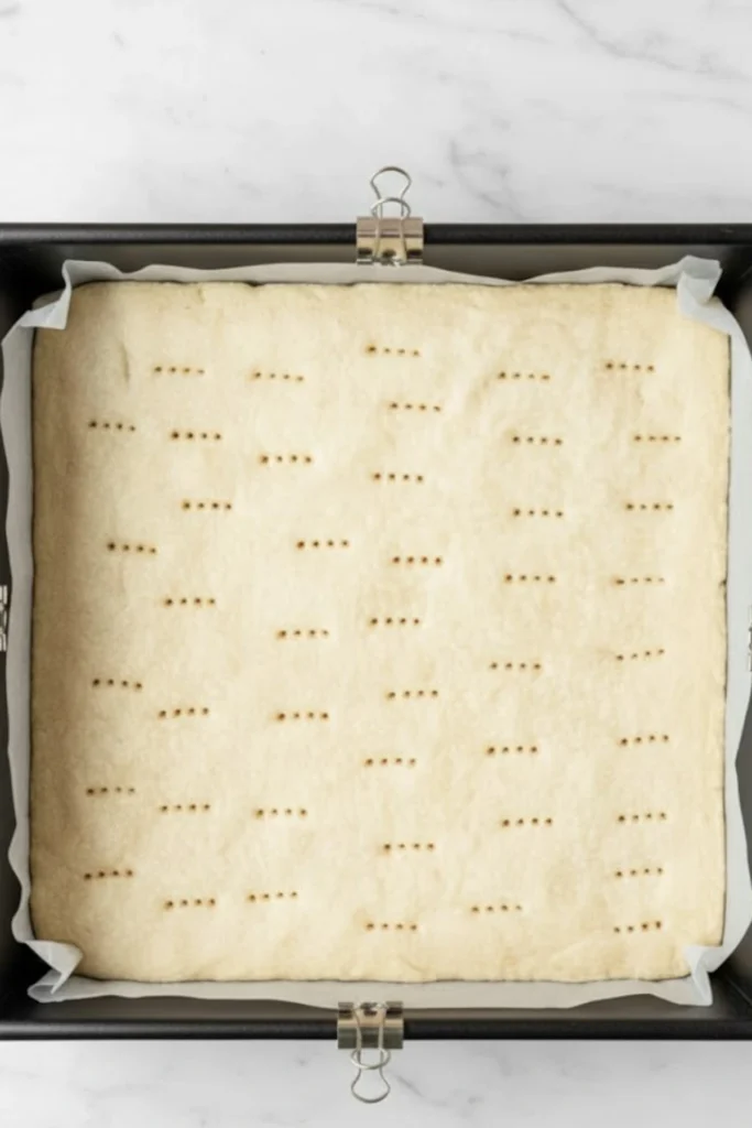 Shortbread crust dough pressed into a parchment-lined square pan with fork holes, ready to bake for pumpkin pie bars.
