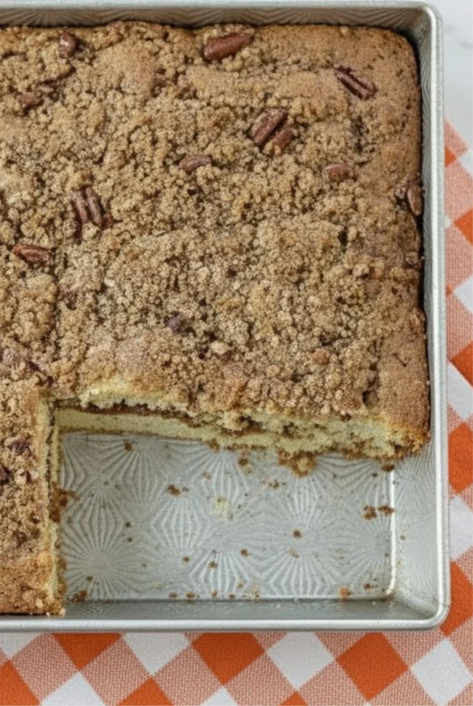 Freshly baked Pumpkin Spice Coffee Cake with a pecan streusel topping in a square pan, showing a missing slice to reveal its soft, moist crumb texture.