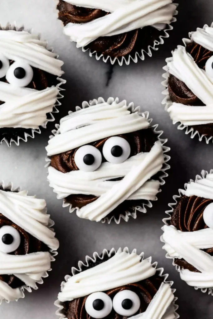 Halloween Mummy Cupcakes – Fun and Spooky Treats with Chocolate and Vanilla Frosting