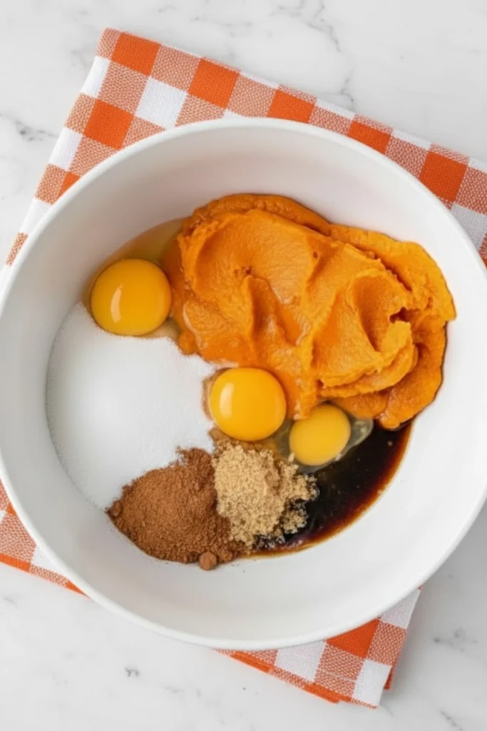 Pumpkin puree, eggs, sugar, brown sugar, cinnamon, and vanilla in a white bowl ready to mix for pumpkin pie bars filling.