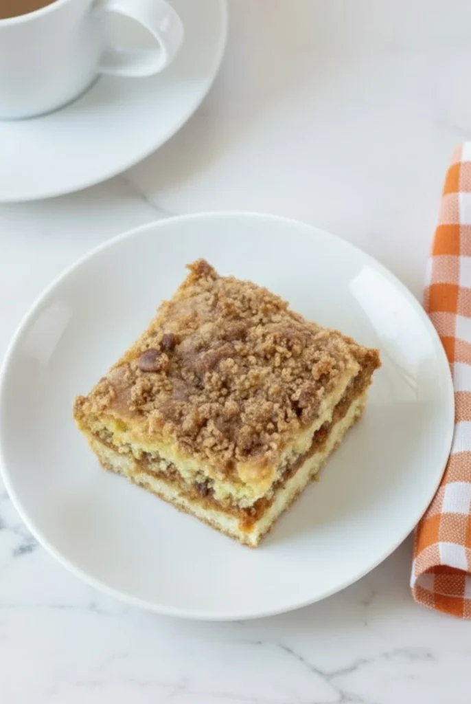A slice of homemade Pumpkin Spice Coffee Cake with cinnamon streusel topping served on a white plate beside a cup of coffee, perfect for fall mornings.