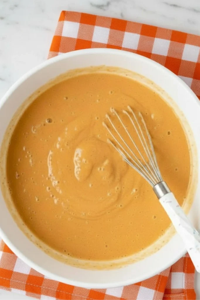 Smooth pumpkin pie bars filling mixture being whisked in a white bowl on an orange checkered cloth.