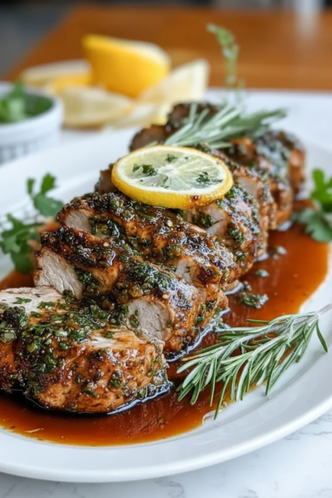Garlic Herb Roasted Pork Tenderloin with Fresh Rosemary and Lemon Garnish
