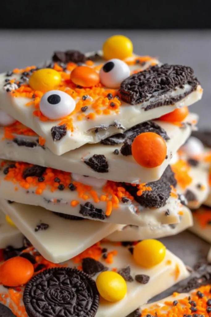 Spooky Halloween Oreo Bark with Candy Eyes, Oreo Cookies, and Reese’s Pieces