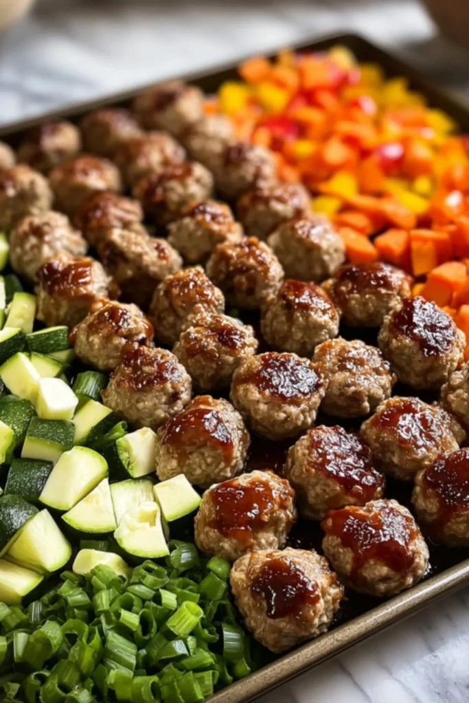 BBQ meatballs with roasted zucchini, carrots, and green onions on a baking sheet.