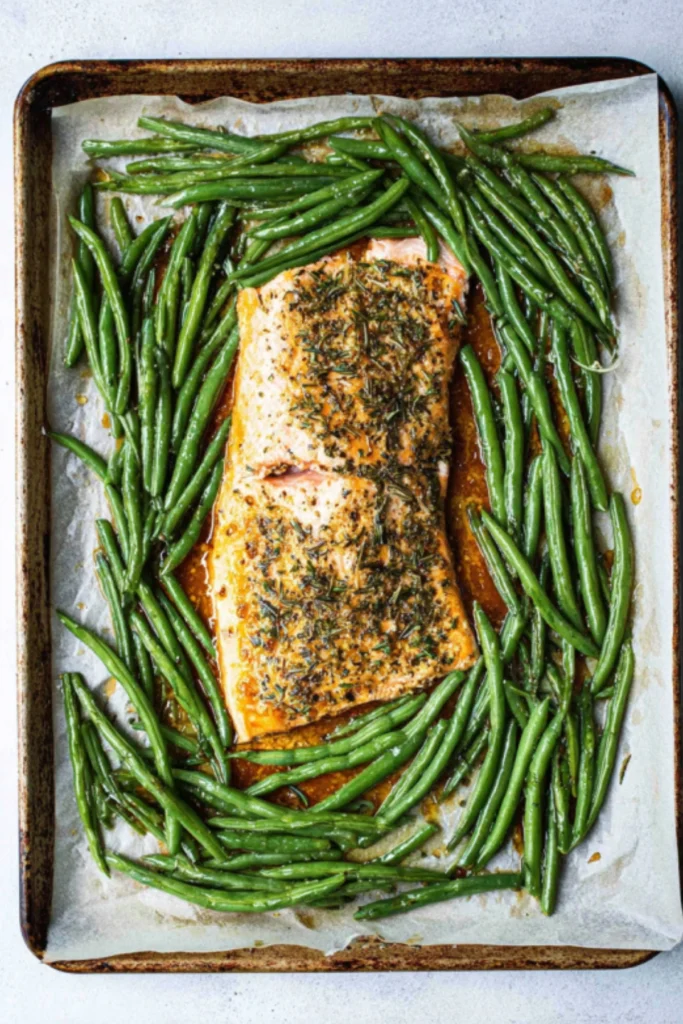 Maple Glazed Salmon and Green Beans on Baking Sheet