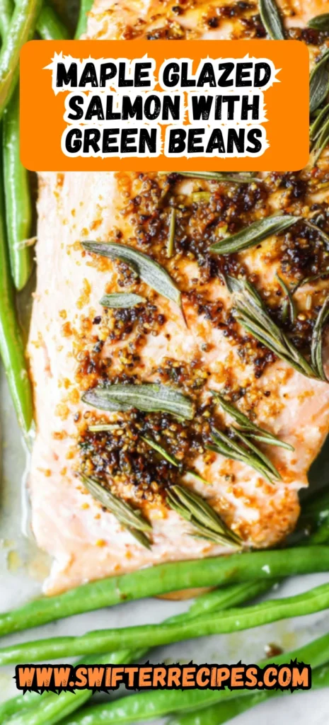 Close-up of Maple Glazed Salmon with Green Beans and Rosemary Garnish
