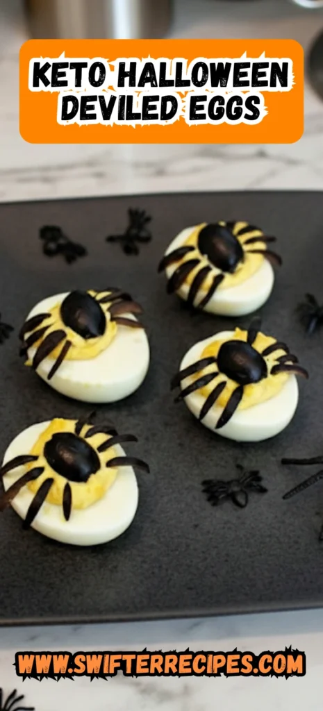 Keto Halloween Deviled Eggs with black olive spiders on a dark plate, perfect low-carb Halloween appetizer.