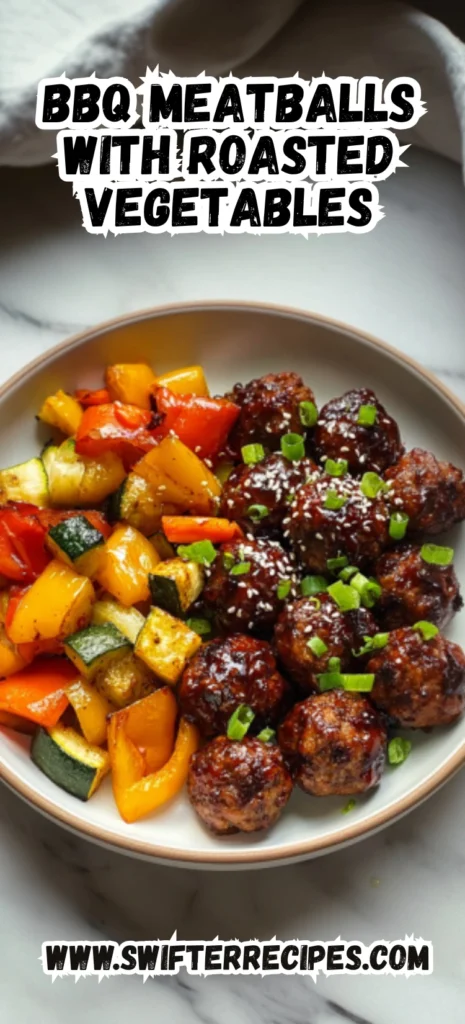 BBQ meatballs with roasted vegetables like zucchini, bell peppers, and carrots in a bowl.