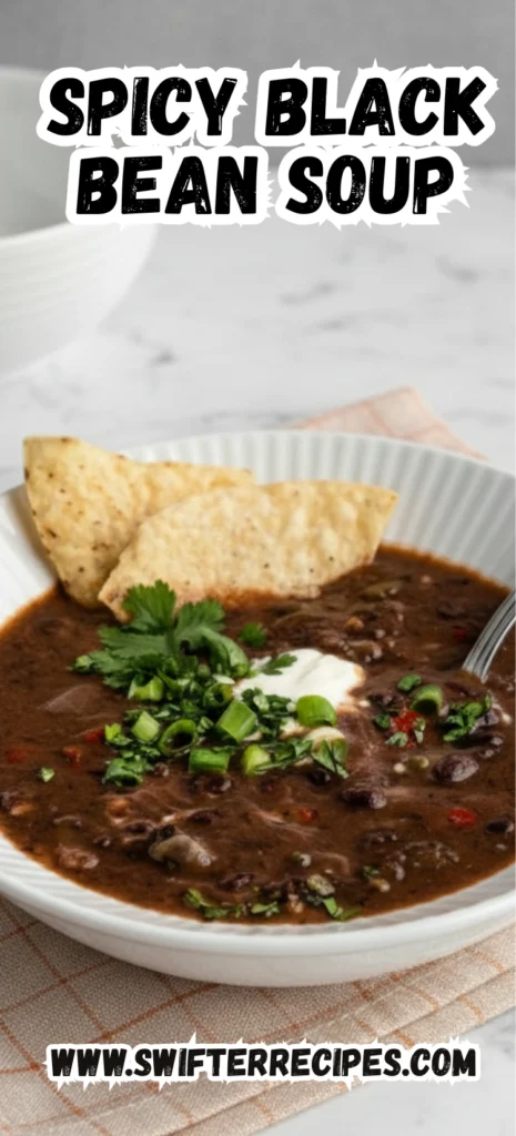 Spicy Black Bean Soup with Tortilla Chips, Sour Cream, and Green Onions