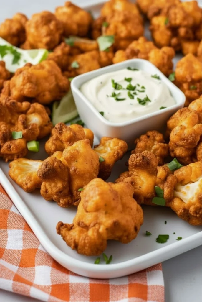 Crispy Air Fryer Buffalo Cauliflower with creamy dipping sauce and fresh cilantro.