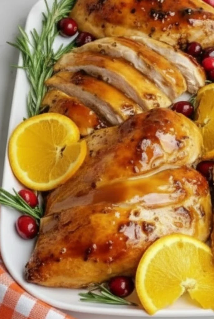 Cranberry Orange Glazed Turkey with rosemary, fresh cranberries, and orange slices served on a white platter for the holidays.