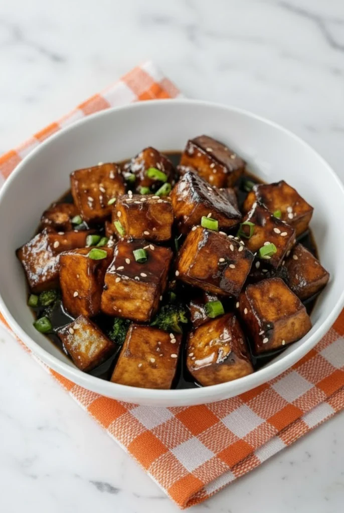 Crispy honey garlic tofu cubes glazed with sticky soy-honey sauce and topped with sesame seeds and green onions in a white bowl.