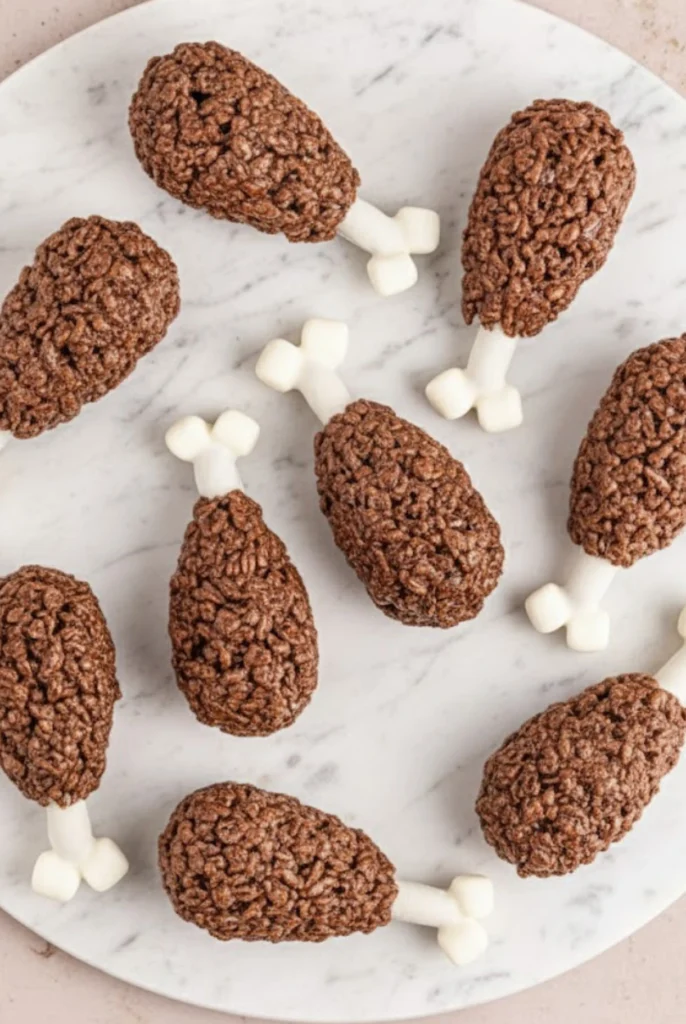 Rice Krispie Turkey Legs made with Cocoa Krispies, pretzel rods, and mini marshmallows shaped like drumsticks for a fun Thanksgiving dessert.