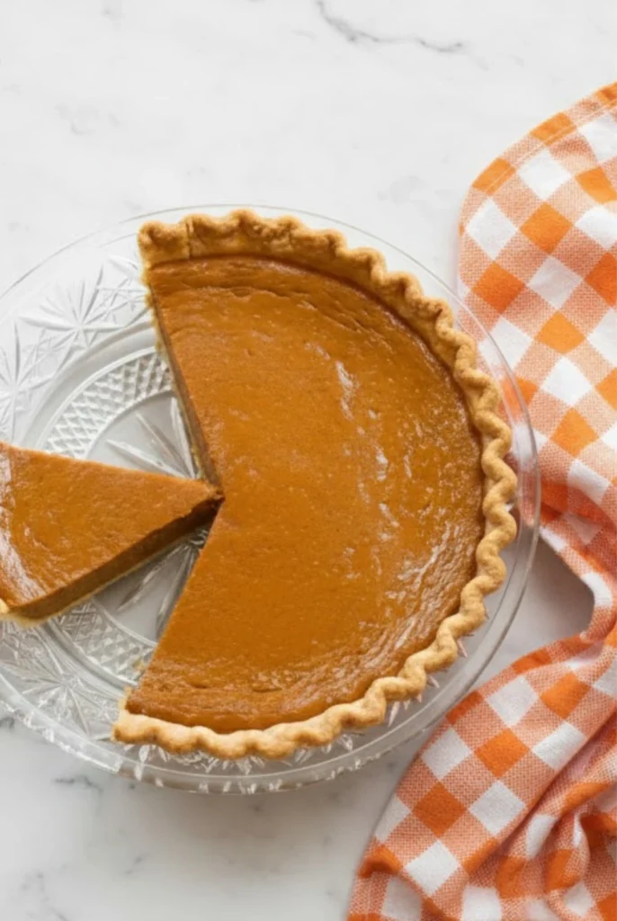 Homemade easy pumpkin pie with golden flaky crust and smooth spiced pumpkin filling on a glass pie dish beside an orange checkered napkin.