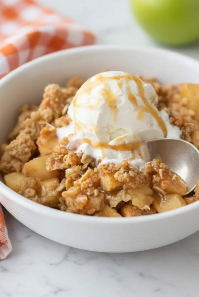 Old fashioned easy apple crisp topped with vanilla ice cream and caramel drizzle in a white bowl
