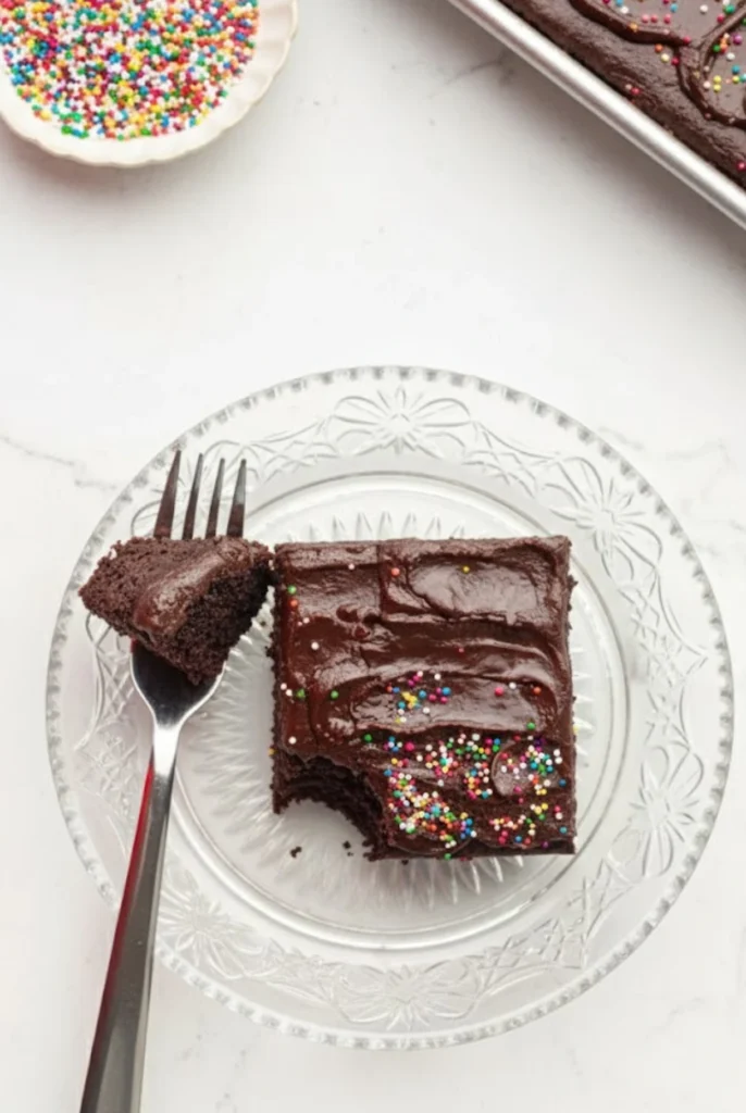 Slice of Chocolate Sheet Cake with rich chocolate frosting and colorful sprinkles on a glass plate, with a fork holding a bite