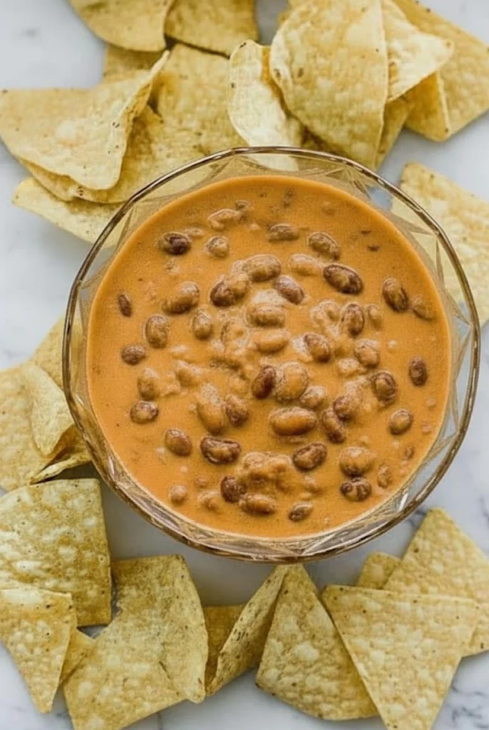 Creamy Chili Cheese Dip served with crispy tortilla chips in a glass bowl, perfect for parties and game day appetizers.