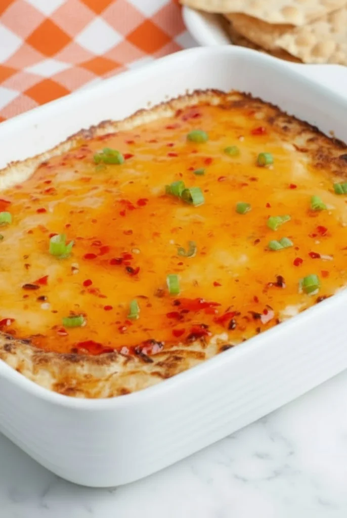 Golden baked Crab Rangoon Dip topped with sweet chili sauce and green onions in a white baking dish