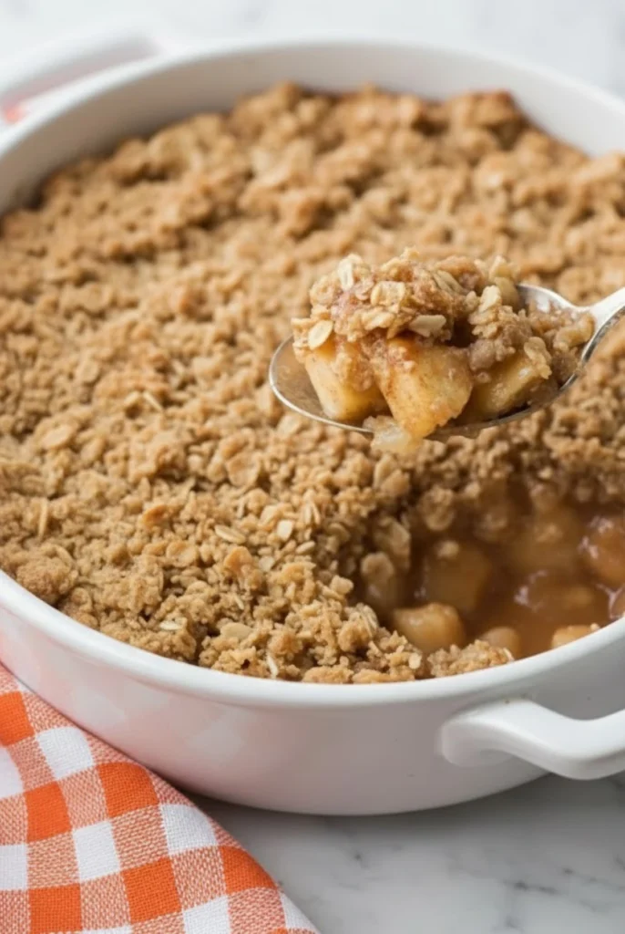 Old fashioned easy apple crisp with golden oat topping in a white baking dish, spoonful showing warm baked apples and cinnamon filling
