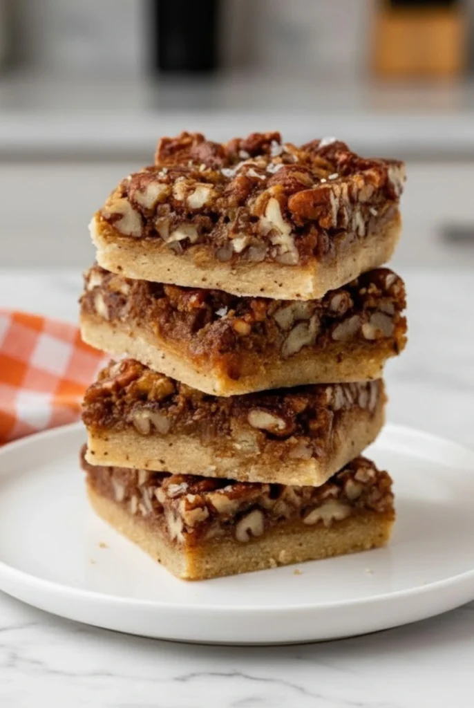 Stack of homemade brown butter pecan pie bars with a buttery crust and nutty pecan filling on a white plate.