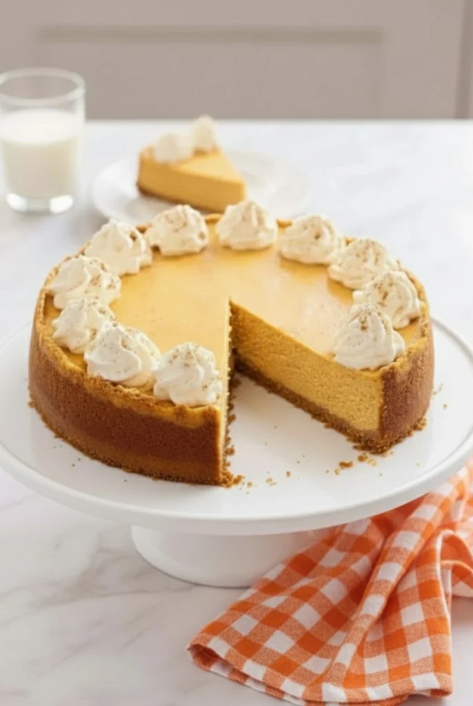 Pumpkin Cheesecake Swirl on a white cake stand with whipped cream topping and a slice served in the background