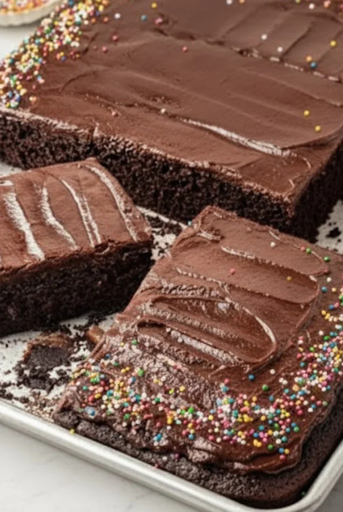 Chocolate Sheet Cake topped with smooth chocolate frosting and colorful sprinkles, sliced and ready to serve