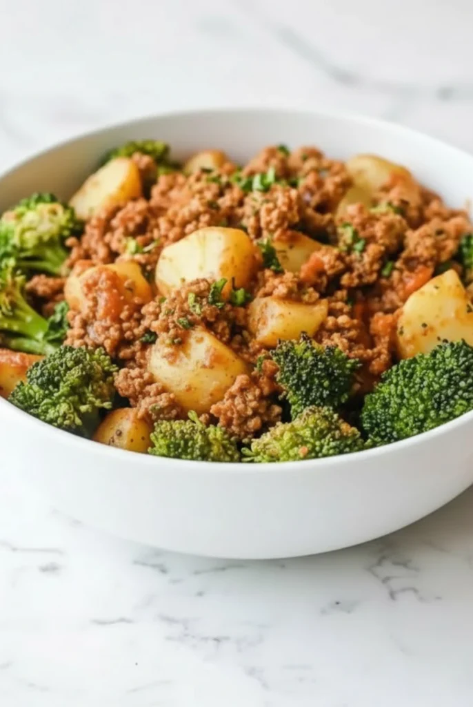 Ground turkey with potatoes and broccoli served in a white bowl, an easy one-pan family dinner packed with flavor.