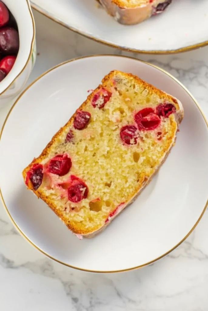 Slice of moist orange cranberry bread with fresh cranberries on a white plate