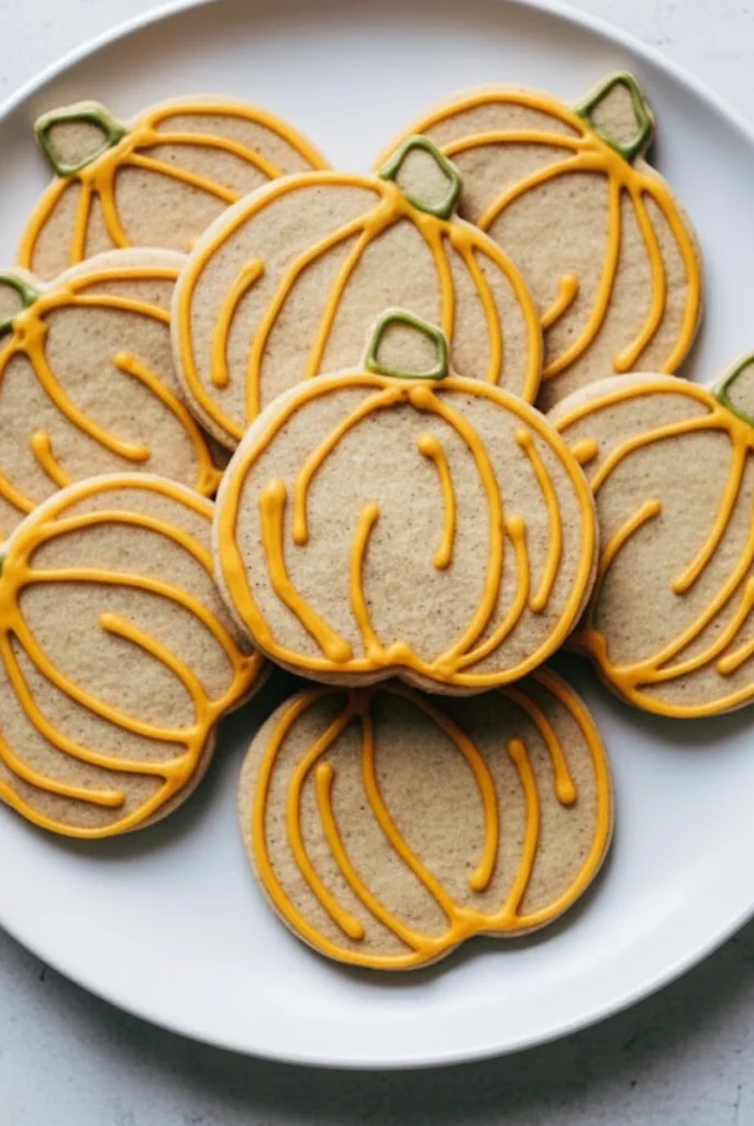 Pumpkin-shaped cinnamon sugar cookies with orange icing outlines arranged neatly on a white plate, perfect for fall baking.