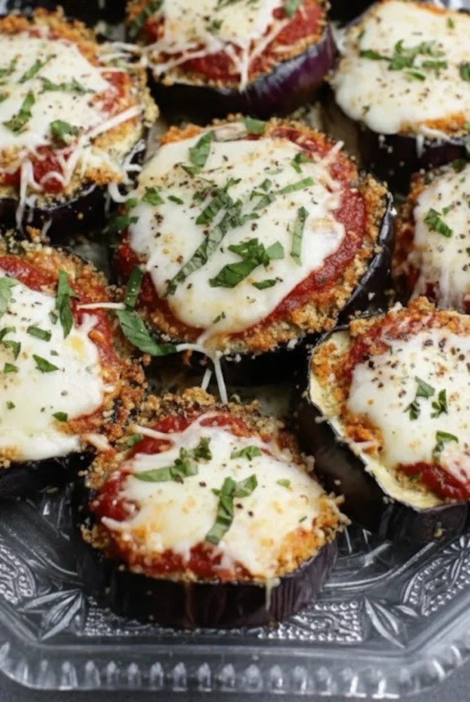Healthy Eggplant Parmesan Bake topped with melted mozzarella, marinara sauce, breadcrumbs, and fresh basil on roasted eggplant slices.