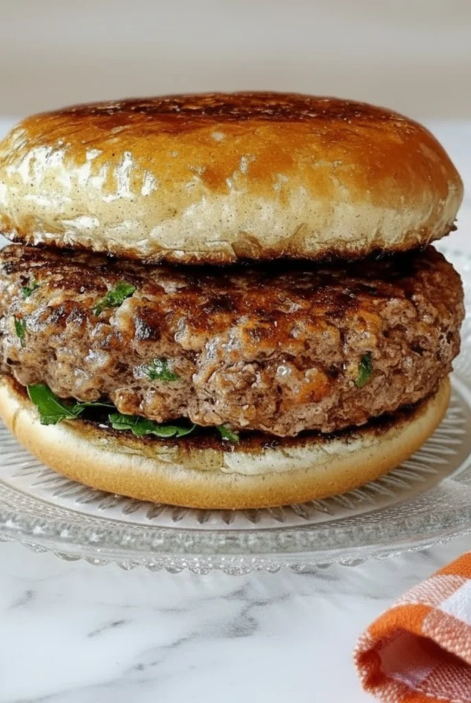 Close-up of a juicy ground turkey burger on a toasted brioche bun